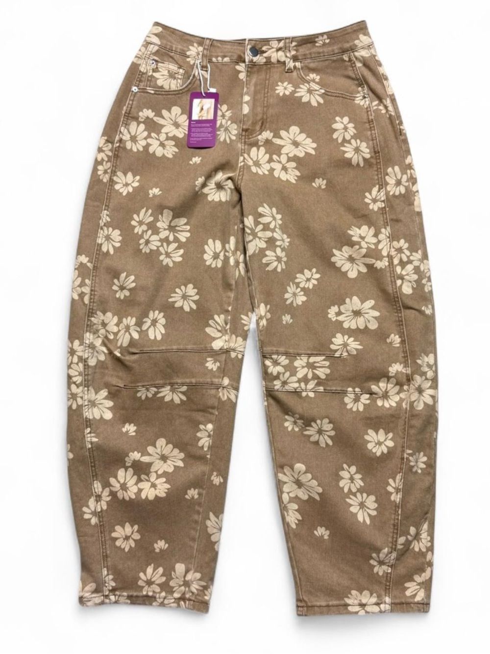 Women Y2k Brown Floral Barrel Jeans Baggy Wide Leg Womens Size M NWT